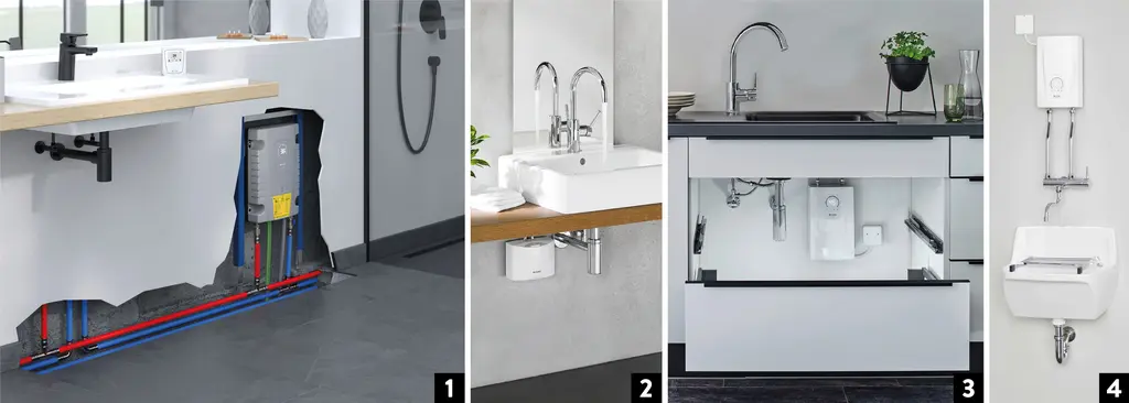Wählen Sie für jede Anwendung den passenden E-Durchlauferhitzer: 1 = ISX im Bad, 2 = MCX unter dem Handwaschbecken im Gäste-WC, 3 = CEX-U unter der Küchenspüle, 4 = CEX über dem Ausgussbecken Wählen Sie für jede Anwendung den passenden E-Durchlauferhitzer: 1 = ISX im Bad, 2 = MCX unter dem Handwaschbecken im Gäste-WC, 3 = CEX-U unter der Küchenspüle, 4 = CEX über dem Ausgussbecken